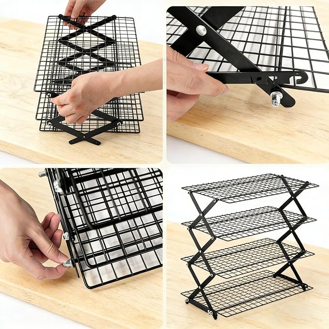4-Tier Cooling Rack, Foldable Stackable Baking Rack | Collapsible wire rack with 4 tiers for cooling cookies, cakes, bread and pastries. Folds flat for easy storage