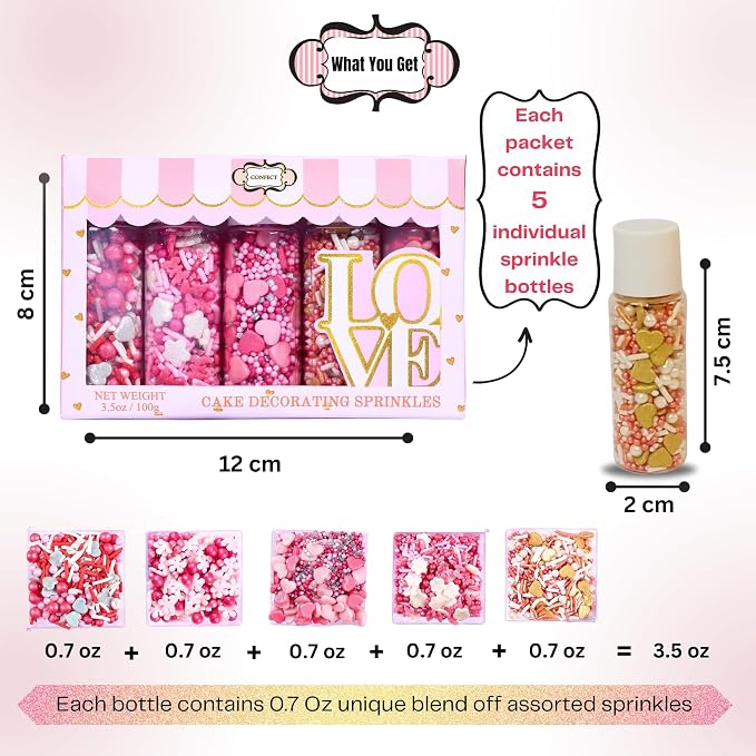 Pretty in Pink, Gold & White Pearl Sprinkles Mix – Edible Heart Sprinkles for Cakes, Cupcakes, Cookies – Spring, Birthday & Baking Decorations – Pack of 5 | Vegan, Gluten-Free, Nut-Free, Soy-Free, Dairy-Free, Palm Oil-Free- 5 Oz