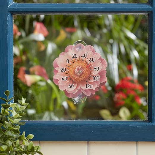 Taylor Peony Dial Thermometer, 4-Inch Indoor Outdoor Silicone Suction Cup Thermometer, Weather-Resistant Temperature Gauge for Patio, Pool, Garden, or Garage, Pink