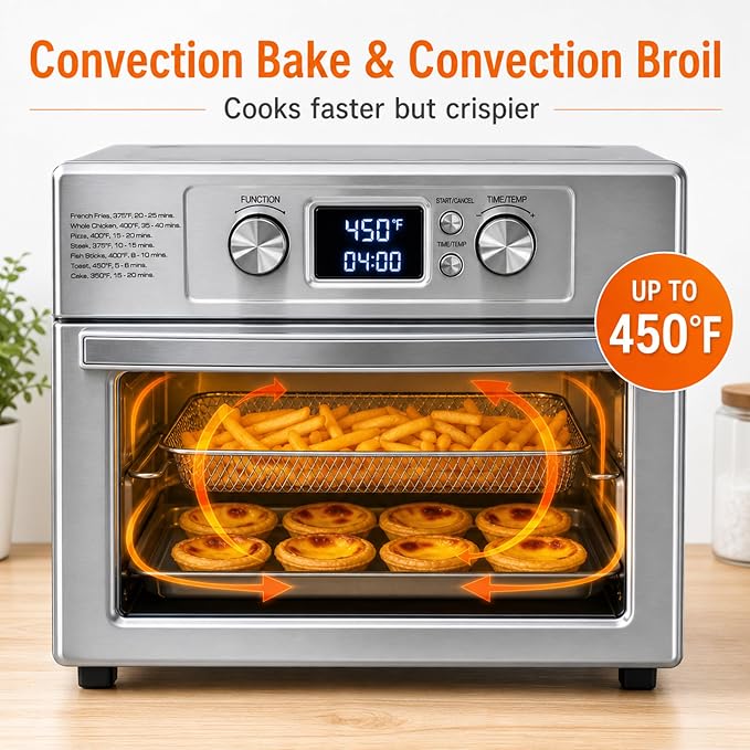 Simple Deluxe 23QT Countertop Toaster Oven, 1800W Multifunctional Electric Oven with 60min Timer and 450°F Max Temp, Equipped with Fry Basket, Baking Pan & Rack, Perfect for Toast, Bake, Broil, Pizza