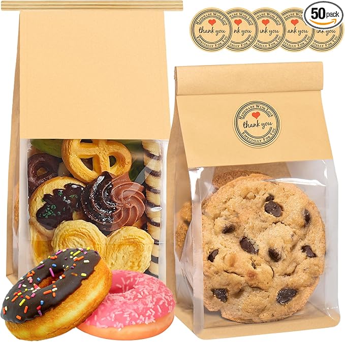50 Pack Cookie Bags with Seal, 8.2x3.9x3.1 Inch Tin Tie Tab Lock Bakery Bags with Window Resealable Paper Packaging Bag for Muffin, Granola, Candies, Scone, Brownie, Included 50 Thank You Stickers