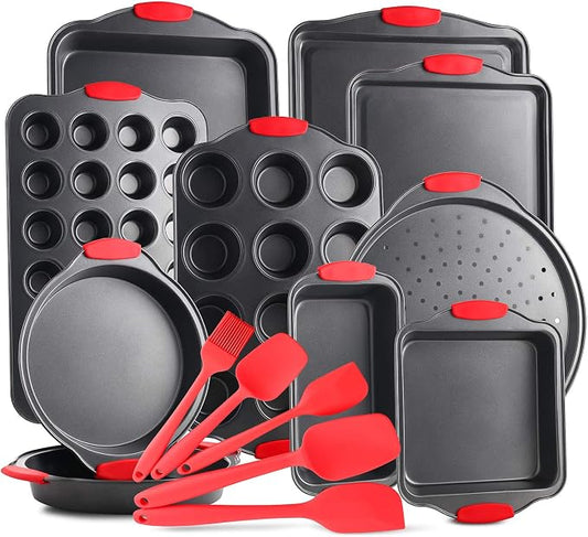 Baking Sheet Set - Cookie Sheet Set with Silicone Handles - Steel Baking Pans Set - Durable Baking Sheets for Oven - BPA Free Cookie Sheets for Baking Nonstick Set - 15 Piece Set, Black