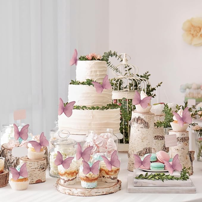 Gyufise 48pcs Butterfly Cake Decorations - Edible Wafer Paper Butterflies & Cupcake Toppers in Pink