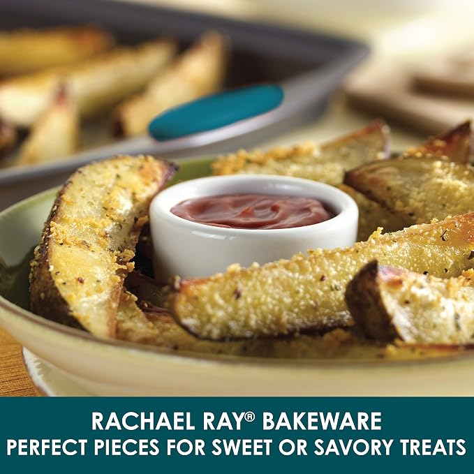 Rachael Ray Nonstick Bakeware Cookie Pan Set, 3-Piece, Gray with Marine Blue Silicone Grips