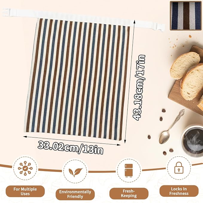 Reusable Beeswax Bread Bags-17"x13" Large Bread Bags for Sourdough & Homemade Cloth BreadBags Keeps Fresh Longer 2Pack (Vertical stripe pattern) | Stripe Pattern