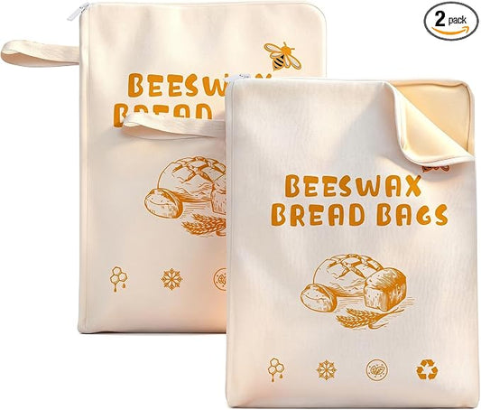 2 Pack Beeswax Bread Bags for Sourdough Homemade Bread,XL Reusable Organic Cotton Linen Bread Bag with Zipper Access, Homesteading Essentials Food Storage to Keep Fresh