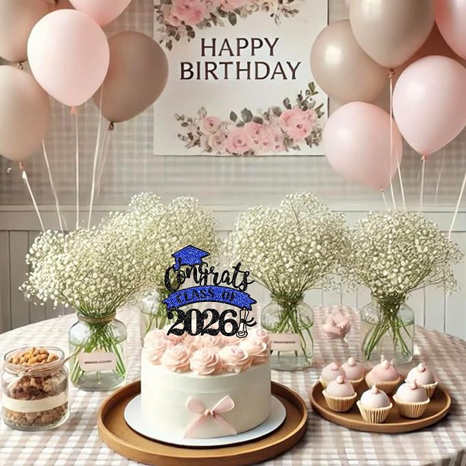 1 Pack Congrats Class of 2026 Cake Topper with Blue Glitter Diploma Graduation Cap Cake Pick Contrats Class of 2026 Cupcake Decorations for Graduation Theme High School Boys Girls