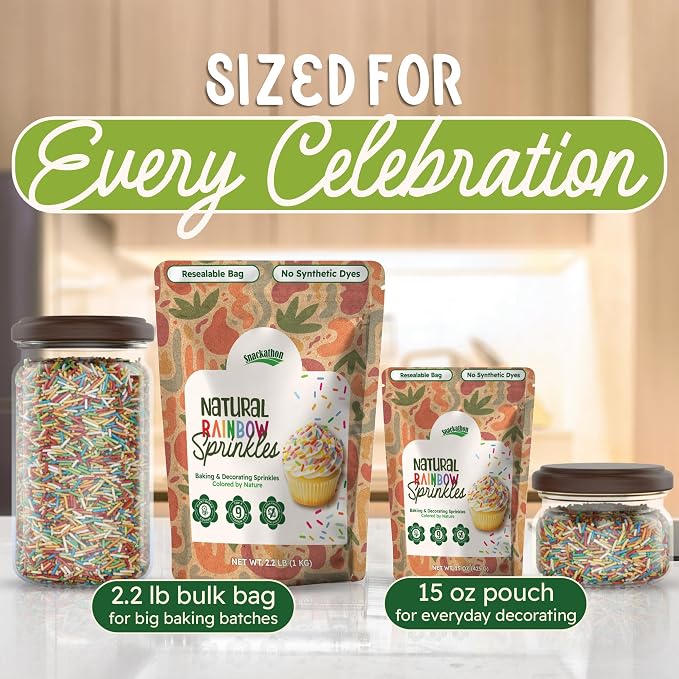 Snackathon Natural Sprinkles for Baking & Decorating, Dye-Free Rainbow Sprinkles, 15 OZ Bulk Jimmies in Resealable Pouch - Naturally Colored, No Artificial Dyes or Flavors for Cupcakes, Cookies & Treats