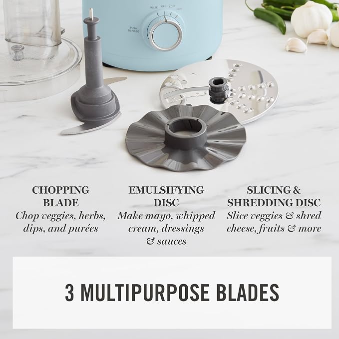Martha Stewart Food Processor, 10-Cup Electric Chopper for Slicing, Shredding, Mincing and Puree, BPA-Free Twist & Lock Bowl, 3 Multipurpose Blades, Variable Speed Dial, Wide Feed Chute, Sky Blue