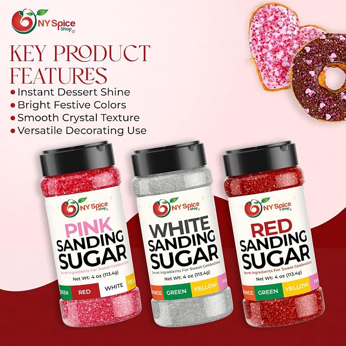 NY Spice Shop Sanding Sugar - 4 Ounce (Pack of 3) Sanding Sugar Red, Pink & White Decorative Sugars for Sweet Treat - Crystals Sugars for Cupcakes Cookies Cakes Dessert Decorating