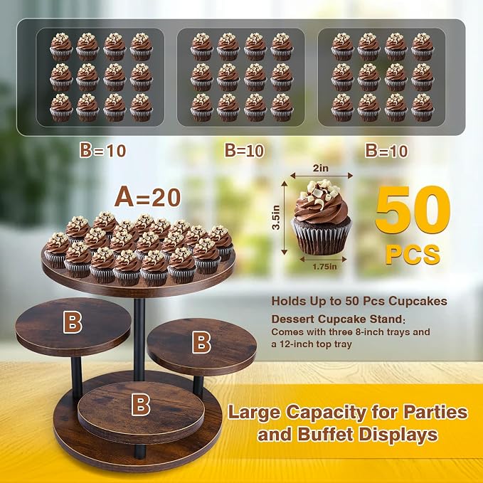 CMOOD 4 Tier Round Cupcake Tower Stand, Wooden Cupcake Stands for 50 Cupcakes, Rotatable Wood Dessert Display with Tiered Tray, Wooden Cake Tier Stand for Wedding Birthday Party Graduation
