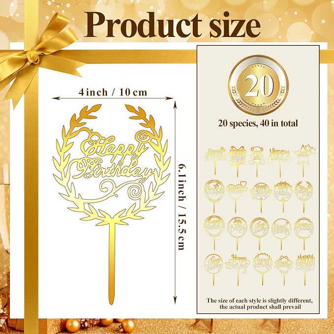Macarrie 40 Pcs Gold Happy Birthday Cake Topper Acrylic Glittering Cupcake Topper Decorations for Birthday Event Party Supplies, 20 Different Shapes