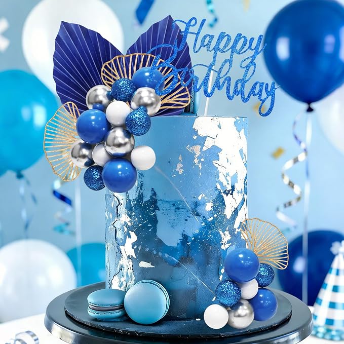 MEMOVAN Blue White Silver Ball Cake Toppers with Palm Leaves Foam Balls Cake Picks DIY Balloon Cake Insert Topper Blue Boho Cake Topper for Birthday Boho Wedding Baby Shower Anniversary Party