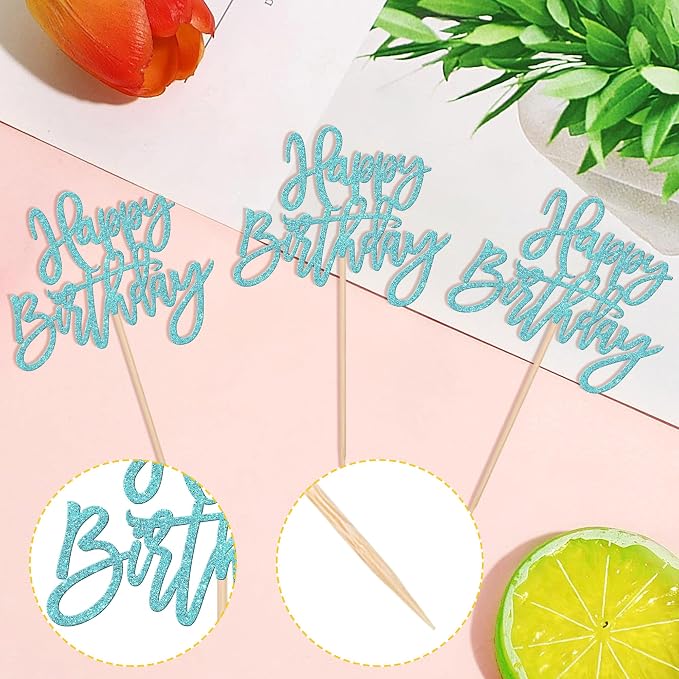 24 PCS Happy Birthday Cupcake Toppers Glitter Picks for Celebrating Anniversary Theme Party Cake Decorations Supplies Light Blue