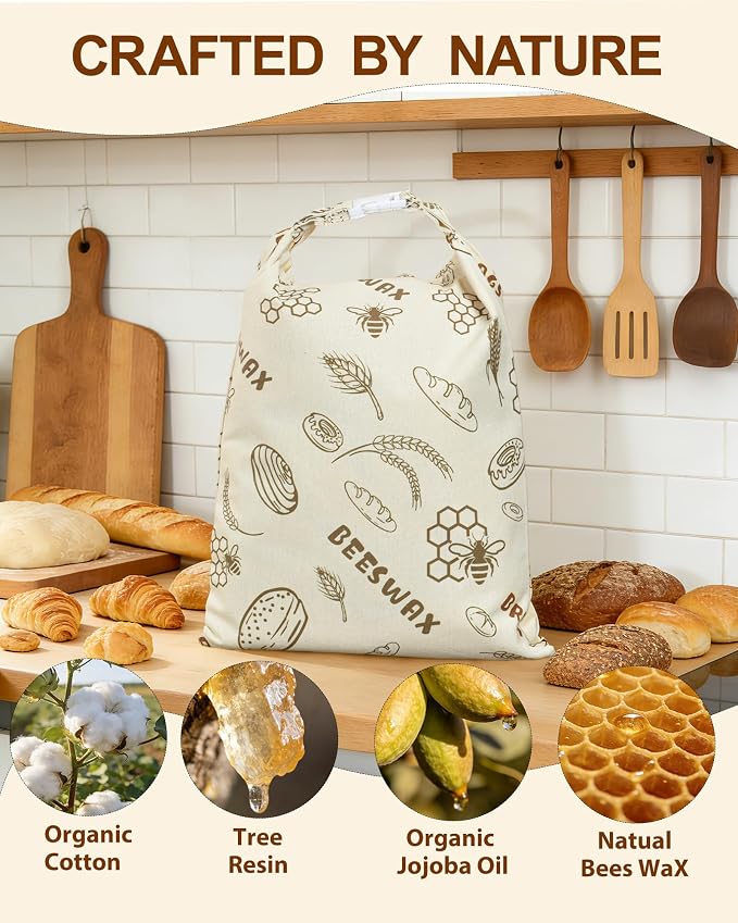 Reusable Lorine Beeswax Bread Bags For Homemade Bread & Sourdough Bread - 2 Packs 17x12 inch Organic Cotton Linen Bread Bag, Eco-Friendly Freshness Lock with Secure Buckle & Roll-Top Handle