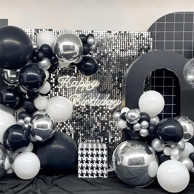 136pcs Black Silver White Balloons Garland Arch Kit,18 12 10 5 Inch Different Sizes Pack Party Latex Balloons for Disco Theme Birthday, Graduation, 90s Party Decorations