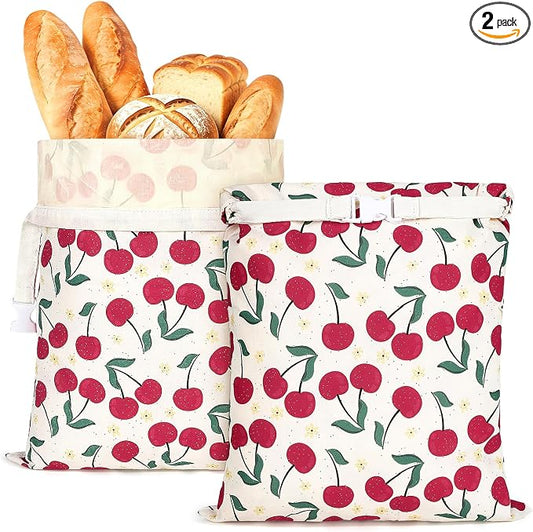 2pack Beeswax Linen Bread Bag Large Reusable Sourdough Bread Bags | 17 x 12 in, Beeswax Liner, Buckle Closure, Keep Bread Fresh, Baking Storage, Cherry Design