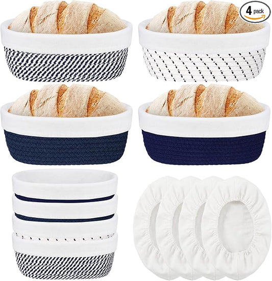 4 Pcs 10 Inch Cotton Rope Banneton Bread Proofing Basket Set Oval Banneton Basket Sourdough Bread with Liners Covers for Baking Supplies (Blue Tones)