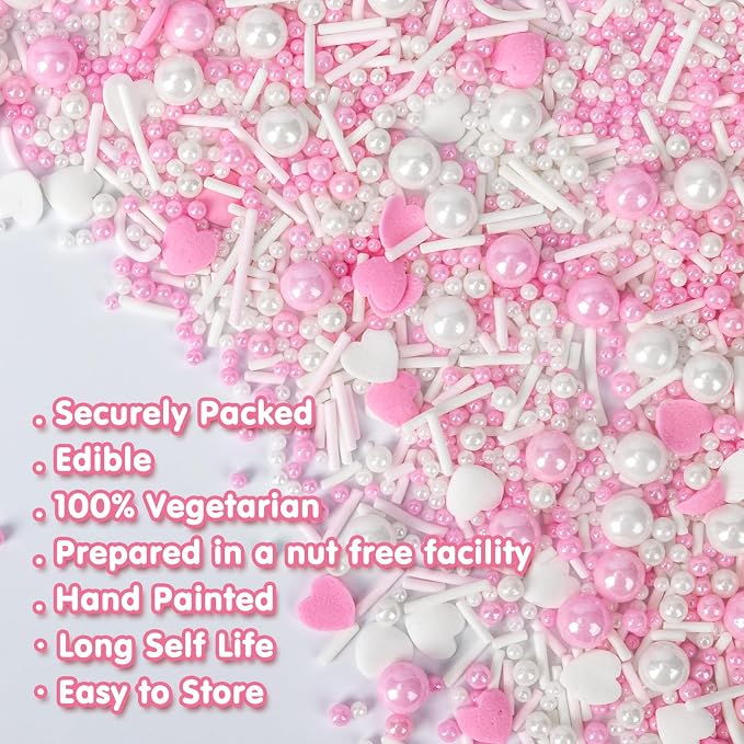 Edible Heart Sprinkles for Cake Decorating,White Pink Pearl Sugar Jimmies Mix Size 130g/4.58oz,Baking Candy Decorations,Cupcake Toppers,Cookie Donuts Ice Cream Dessert Decorating,Wedding Birthday Party Supplies
