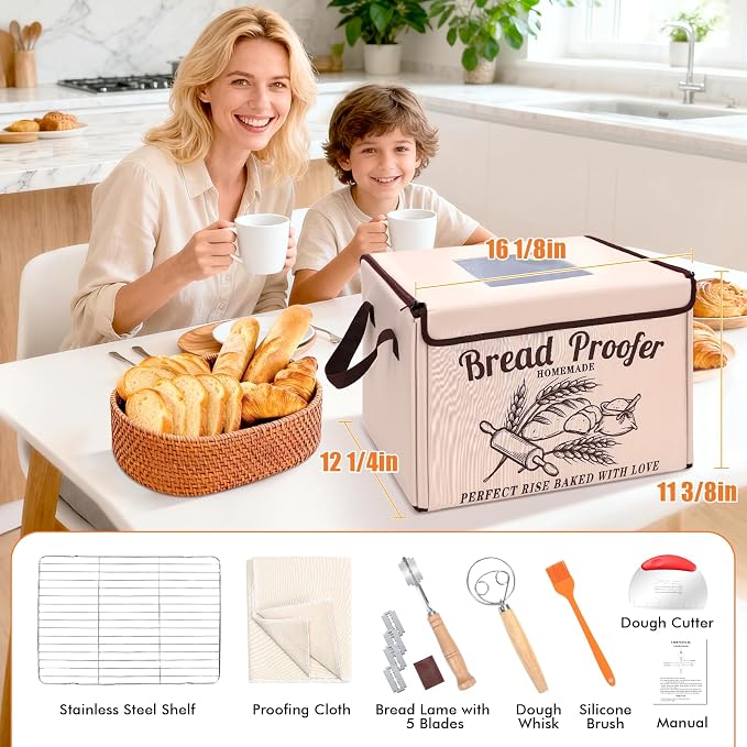 Foldable Bread Proofing Box, Sourdough Proofer Warming Box Yogurt Maker with Lame, Scraper, Metal Rack, Whisk & Silicone Brush | 50–113°F,48H Timer, Home Baking Supplies, Holiday & Housewarming Gifts