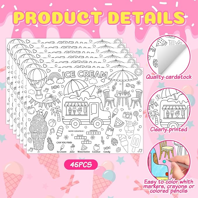 45pcs Ice Cream Disposable Coloring Placemats Summer Crafts for Kids Birthday Party Favors Coloring Poster Cone Sundae Sprinkles Sweet Treat Activity Church Supplies Paper Table Mats