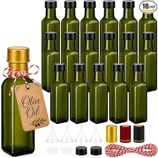 TBWIND 18 Pack 3.5oz (100ml) Olive Oil Bottles with Airtight Caps | Includes Shrink Bands, Labels & Funnels; Ideal for Vanilla Extract, Tinctures, Limoncello, Syrups & Gift Giving