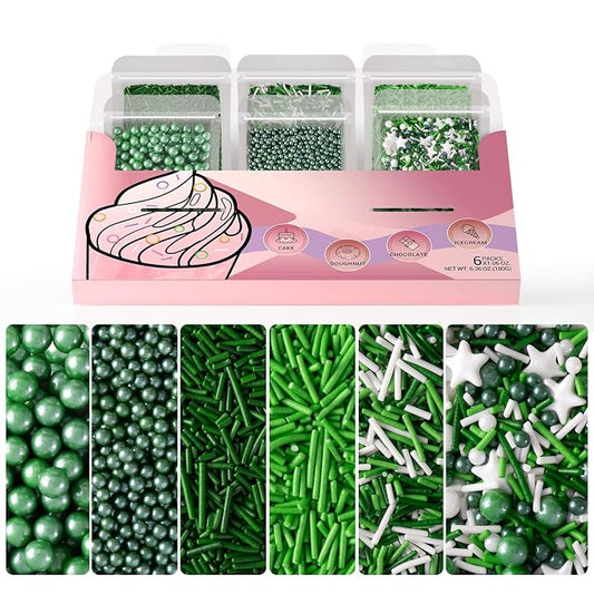 HUEBEATY 6-in-1 Green Sprinkles for Cakes, Cupcakes & Cookies Decorating – 180g Edible Jimmies & Pearls Mix – Football Sprinkles, Eagles, Minecraft, Jungle, Dinosaur, St. Patrick’s Day & Spring Cake Decorations