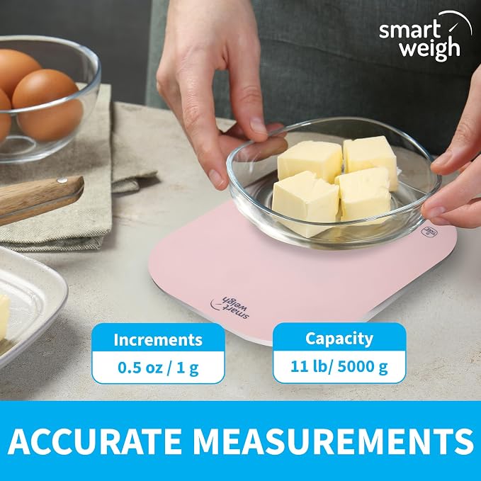 Food Scale, 11lb Pink Digital Kitchen Scale with LCD Display and Tare Function, 1g/0.1oz Precision, Weight Grams and Ounces for Baking, Cooking, Meal Prep and Weight Loss - Smart Weigh