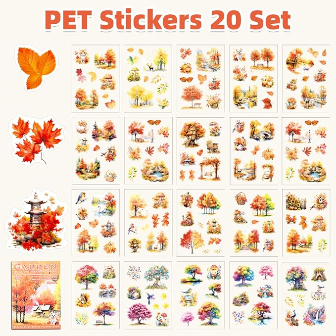 Autumn Filled The Garden Sticker Scrapbooking Supplies for Junk Journal, 20 Sheets PET Stickers - Vintage Journaling Stickers, Ephemera Sticker Book Pre Cut(TZ-009-003)