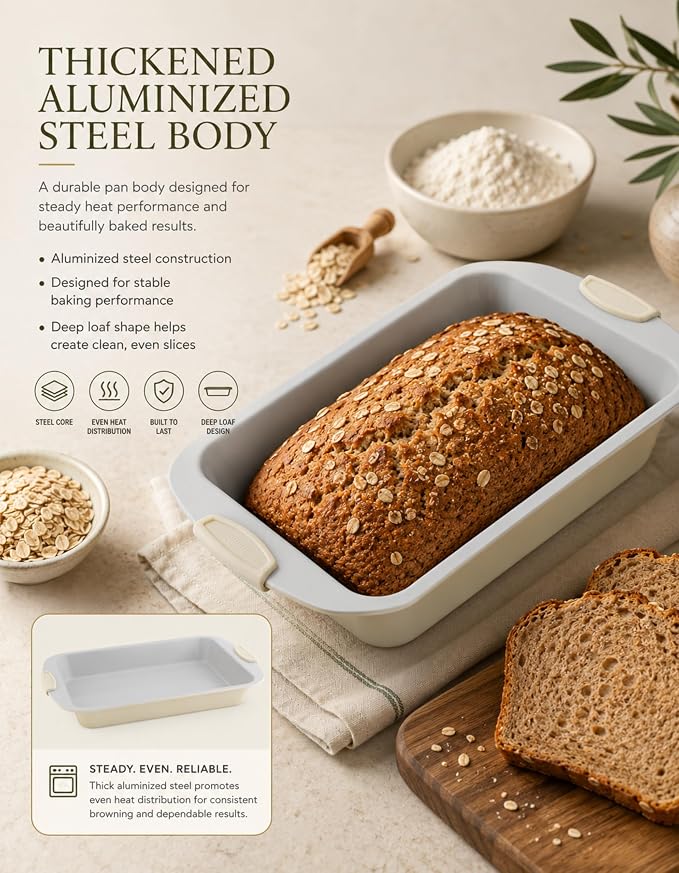 Boxiki Kitchen Ceramic Loaf Pan, 15 x 10 x 2 Inch Jumbo Bread Pan.Heavy Duty Aluminized Steel with KFCC Korean Ceramic Coating, Oven Safe to 550°F, Extra Large Bakeware for Meatloaf, Sourdough & Cakes