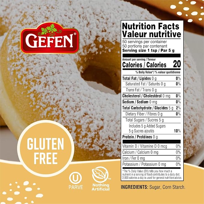 Gefen Confectioners Sugar Shaker, 8.8oz | Powdered Sugar Duster | Corn Free | Gluten Free | Premium Confection Sugar | Kosher