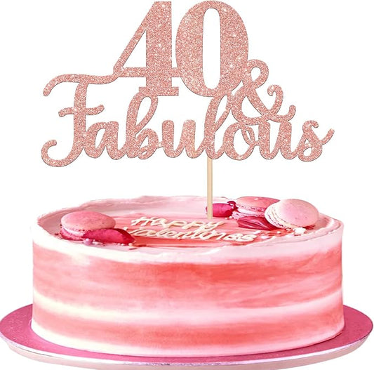 1 PCS 40 & Fabulous Cake Topper Glitter Forty and Fabulous Cake Toppers Happy 40th Birthday Cake Pick for 40th Wedding Anniversary Birthday Party Cake Decorations Supplies Rose Gold