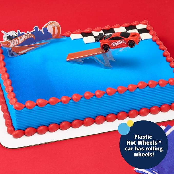 DecoSet® Hot Wheels™ Supreme Speed Cake Topper, Car Cake Decoration Set with Vehicle cake topper, Ramp and Background Pics, 3 Piece Set | For Birthday And Celebrations