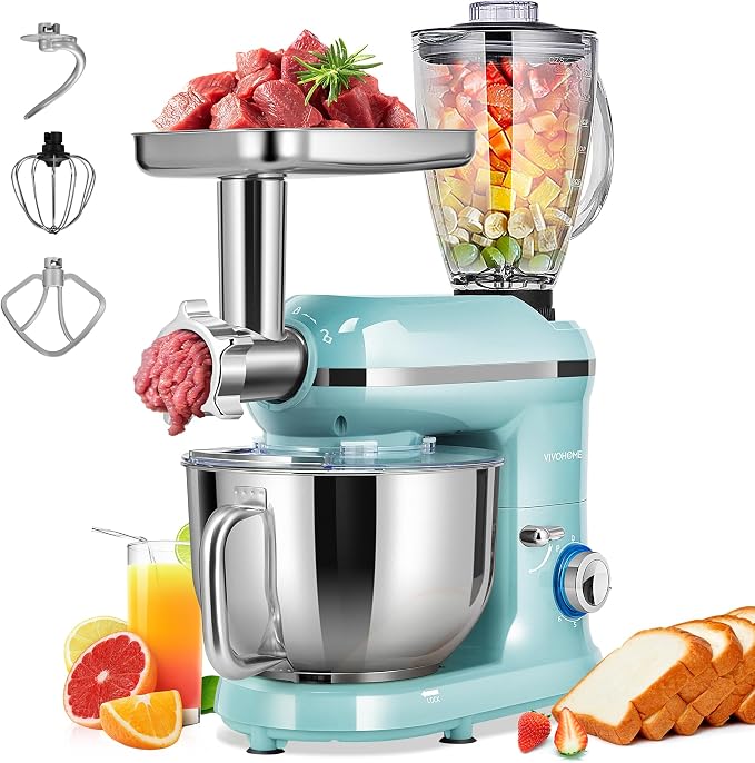 VIVOHOME 3 in 1 Multifunctional Stand Mixer with 6 Quart Stainless Steel Bowl, 650W 6 Speed Tilt-Head Meat Grinder, Juice Blender, Blue