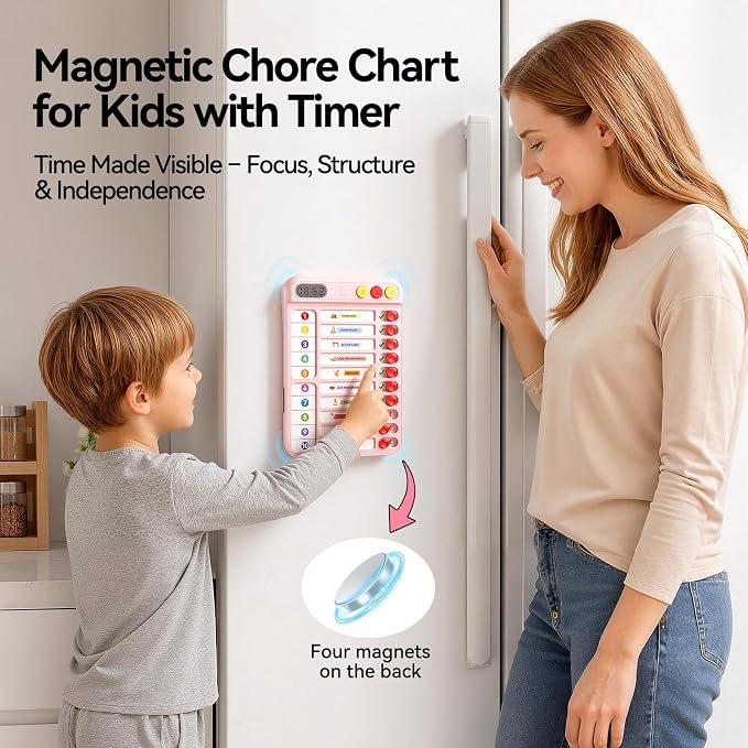 Magnetic Chore Chart for Kids with Time Timer, 99-Min Countdown/Up Visual Timer, Dry-Erase Reward Chart with Sliders, to Do List & Routine Checklist, Visual Schedule, Autism/ADHD Tools (Pink)