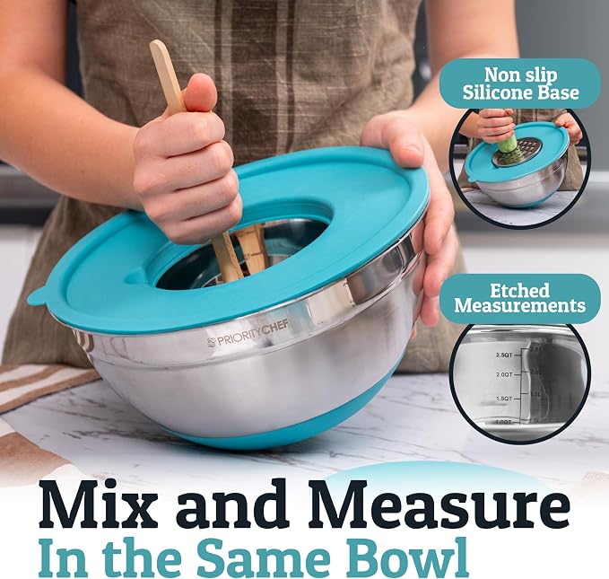 Priority Chef 6pc Stainless Steel Mixing Bowls with Lids Set, 7 Qt, Turq | 6pc Non-slip nesting bowls 1-7 qt, 3 graters & interior measurement marks; for meal prep, baking & airtight fridge storage