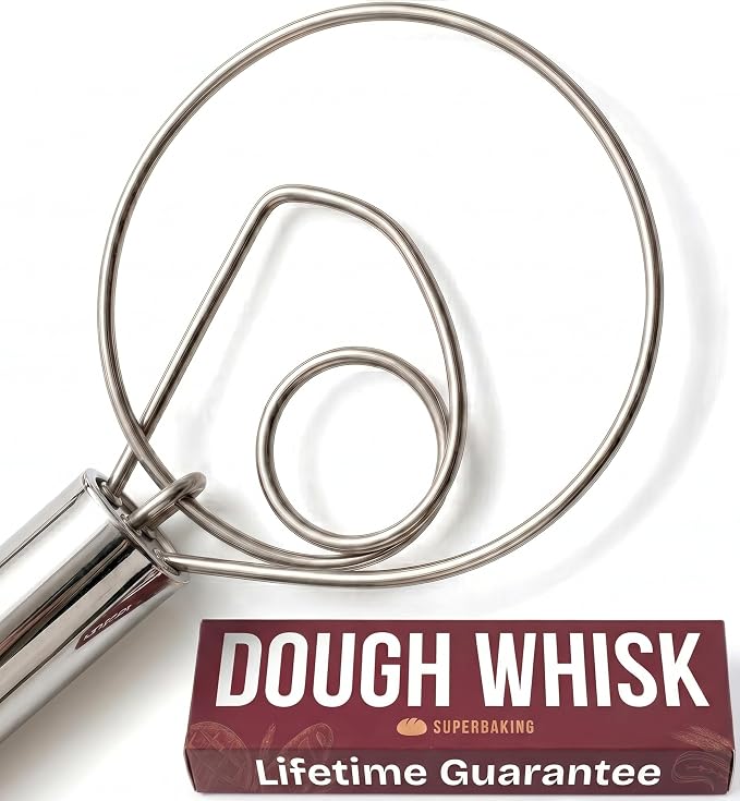 Superbaking Danish Dough Whisk - 12" Bread Whisk for Dough Mixing - Single Eye Design Sourdough Whisk - Sourdough Bread Baking Supplies - Bread Making Tools and Accessories - Ergonomic Stainless Steel