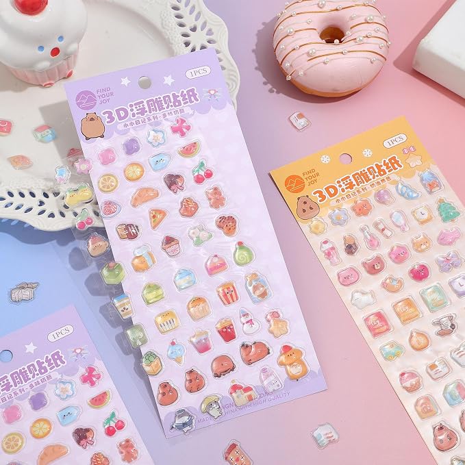 Girl's 3D Cute Japanese Puff Sticker, 100+ Kawaii Dessert and Animal Mini Puffy Stickers, for DIY Scrapbooks Planner Journals Laptops Phone Case Decoration Gifts Rewards, Cream Cheese