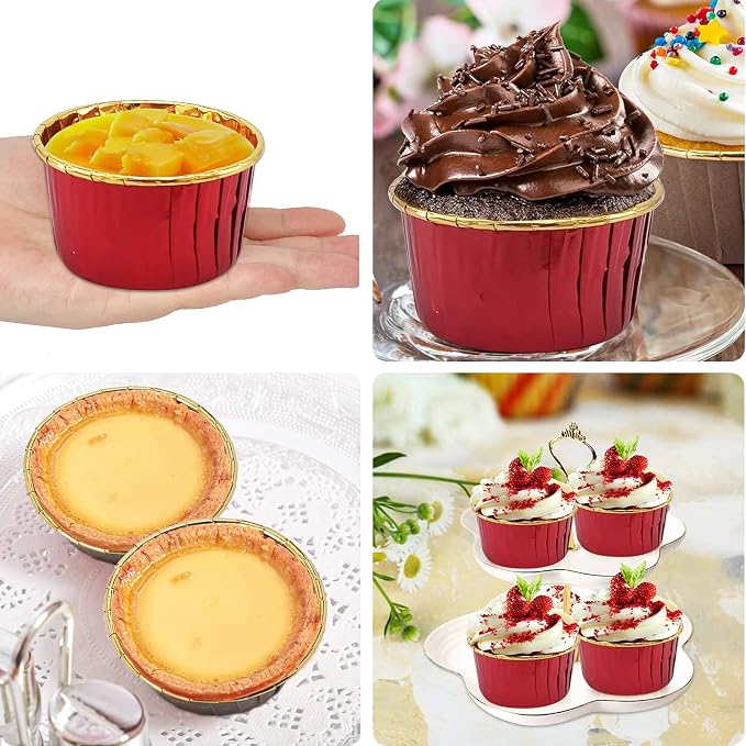 Cupcake Liners with Dome Lids 100 Pack,LNYZQUS 5.5Oz Foil Baking Cups Muffin Tin,Large Cupcake Wrappers Souffle Pudding Ramekin Holders for Christmas Wedding Birthday Party,with Spoons-Red in Gold
