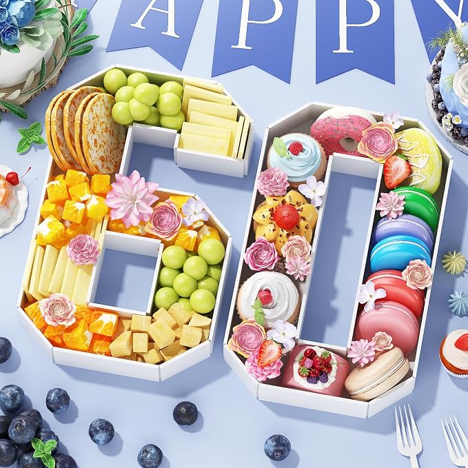HILAVO Cardboard Number for Charcuterie, 13.7" Cardboard Number 60 Set Fillable Number for Food Paper Mache Number Boxes for Cupcake Sweet Candy 60th Birthday Anniversary Party Decorations