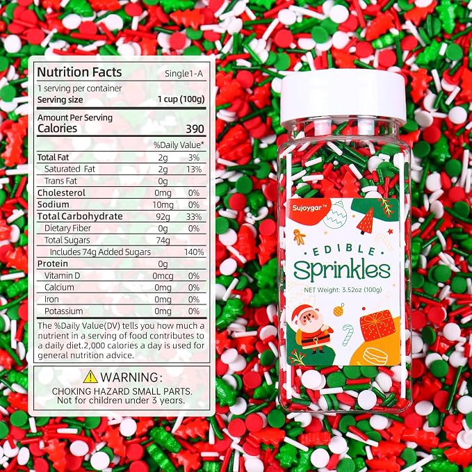 Christmas Sprinkles for Cake Decorating, 3.52oz Edible Red Green Sprinkles for Cupcake Toppers Baking Cookie Ice Cream Dount Chocolate Christmas Party