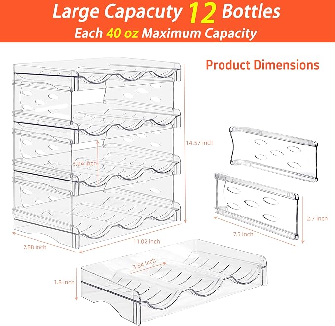 IEEK 4 Pack Stackable Wine and Water Bottle Holder Free-Standing Fridge Wine Bottle Organizers Clear Plastic Water Bottle Holder for Cabinet,Refrigerator,Pantry,Kitchen Countertops,Holds 12 Bottles