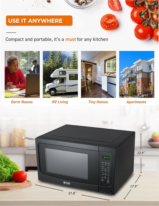 COMMERCIAL CHEF 1.6 Cubic Foot Microwave with 10 Power Levels, Small Microwave with Push Button Child Safety Lock, 1100 Watt Microwave with Digital Control Panels, Countertop Microwave & Timer, Black