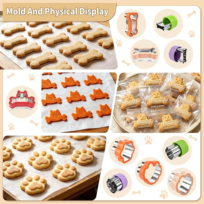 KickFry Dog Cookie Cutter Set,Stainless Steel Dog Treat Biscuit Cutters with Plastic Protective Covers, Assorted Sizes Bone Paw Print Puppy Shapes,Molds for Homemade Treats,Fruit & Snack (10 PC)