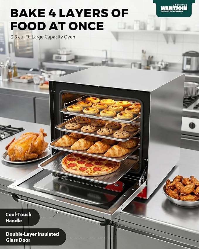 WantJoin Countertop Commercial Convection Oven - 2.3 Cu. Ft./66L Half-Size Oven with Dual Fan, 1800W, CSA Certified, Enamel Interior, Stainless Steel, Temperature Control & Timer, for Restaurants Cafe