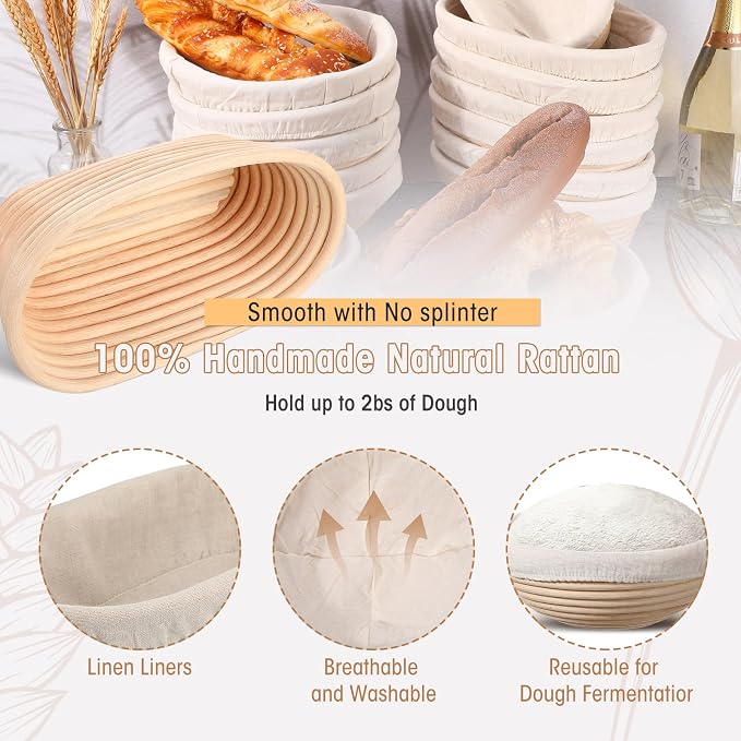 Gejoy 20 Sets Bread Proofing Baskets Bulk Banneton Dough Proofing Bowls Kit with Cloth Liner and Plastic Scraper Sourdough Basket for Home Sourdough Bakers(Round, Oval,9'', 10'')