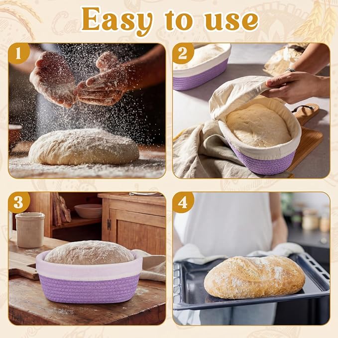 4 Pcs 10 Inch Cotton Rope Banneton Bread Proofing Basket Set Oval Banneton Basket Sourdough Bread with Liners Covers for Baking Supplies (Purple)