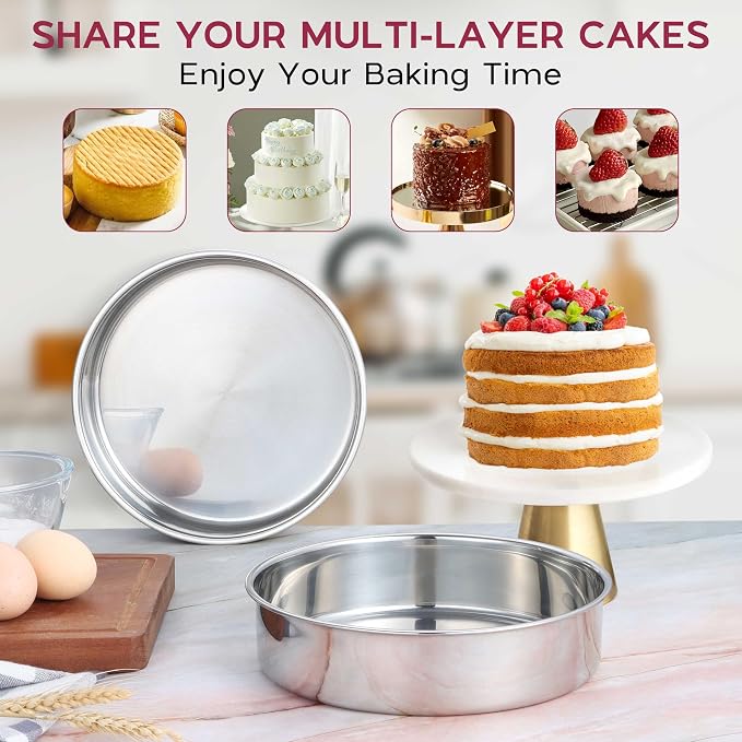 Onader 8 Inch Round Cake Pan, Stainless Steel Baking Pan Set of 3, Birthday Wedding Cake Tin