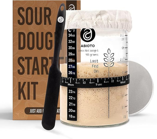 ABIOTO Sourdough Starter Jar Kit, Includes 34 oz Sourdough Starter Jar with Metallic Lid, Silicone Spatula, Feeding Tracker, Extra Thermometer Strips & Breathable Covers – Sourdough Bread Starter Kit
