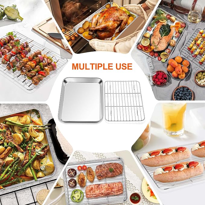 Homikit Baking Sheet with Rack Set (2 Pans + 2 Racks), 10.5x8 Inches Stainless Steel Small Cookie Sheets with Cooling Racks Non Toxic, Metal Toaster Oven Bacon Crisp Trays for Baking, Dishwasher Safe